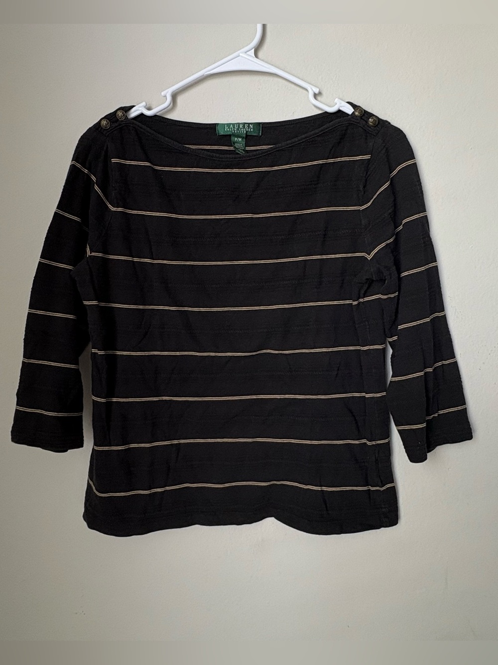 Lauren Ralph Lauren Petite P/M Black Gold Striped 100% Cotton Top